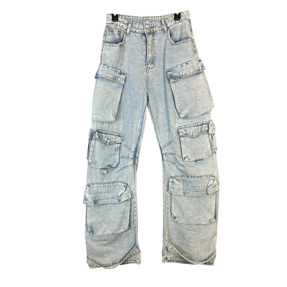 Miss Rosier Cargo Jeans Women Size 28 Light Wash Baggy Wide Leg Y2K Grunge